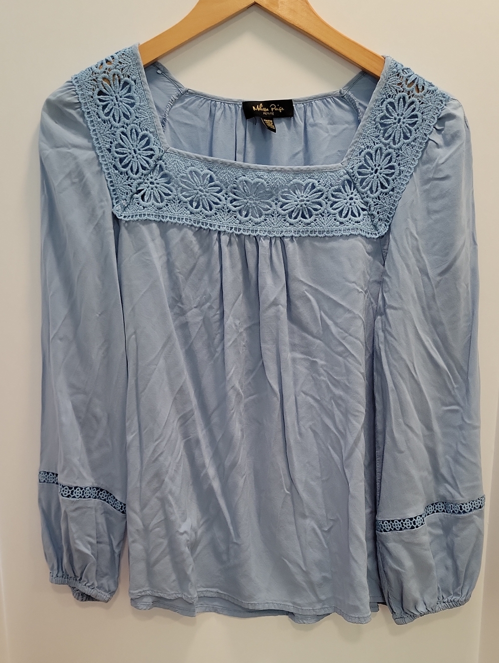 Melissa Paige Light Blue Floral Lace Square Neck Long Sleeve Blouse Petite Med